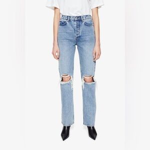 Anine Bing Kat Distressed Straight Leg High Rise Button Fly Cotton Denim Jeans.